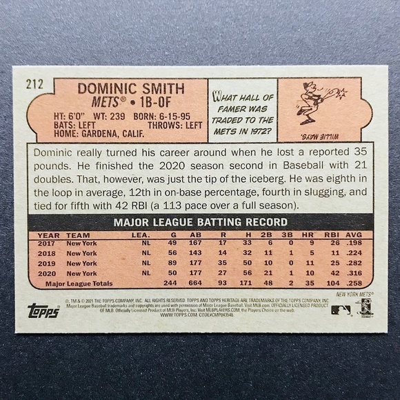Dominic Smith - 2021 Topps Heritage #212 - Picture 2 of 2